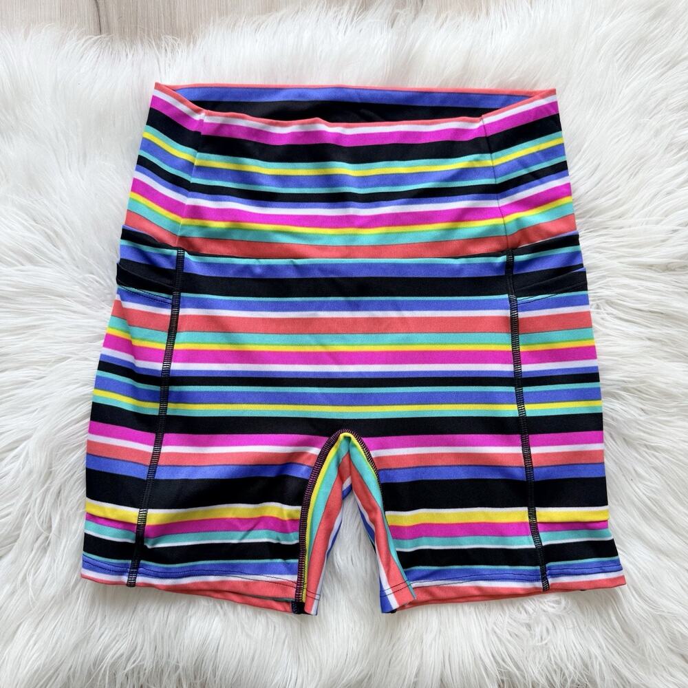 K-Deer Multicolored Striped Biker Shorts High Waisted Side Pockets Size M 154879